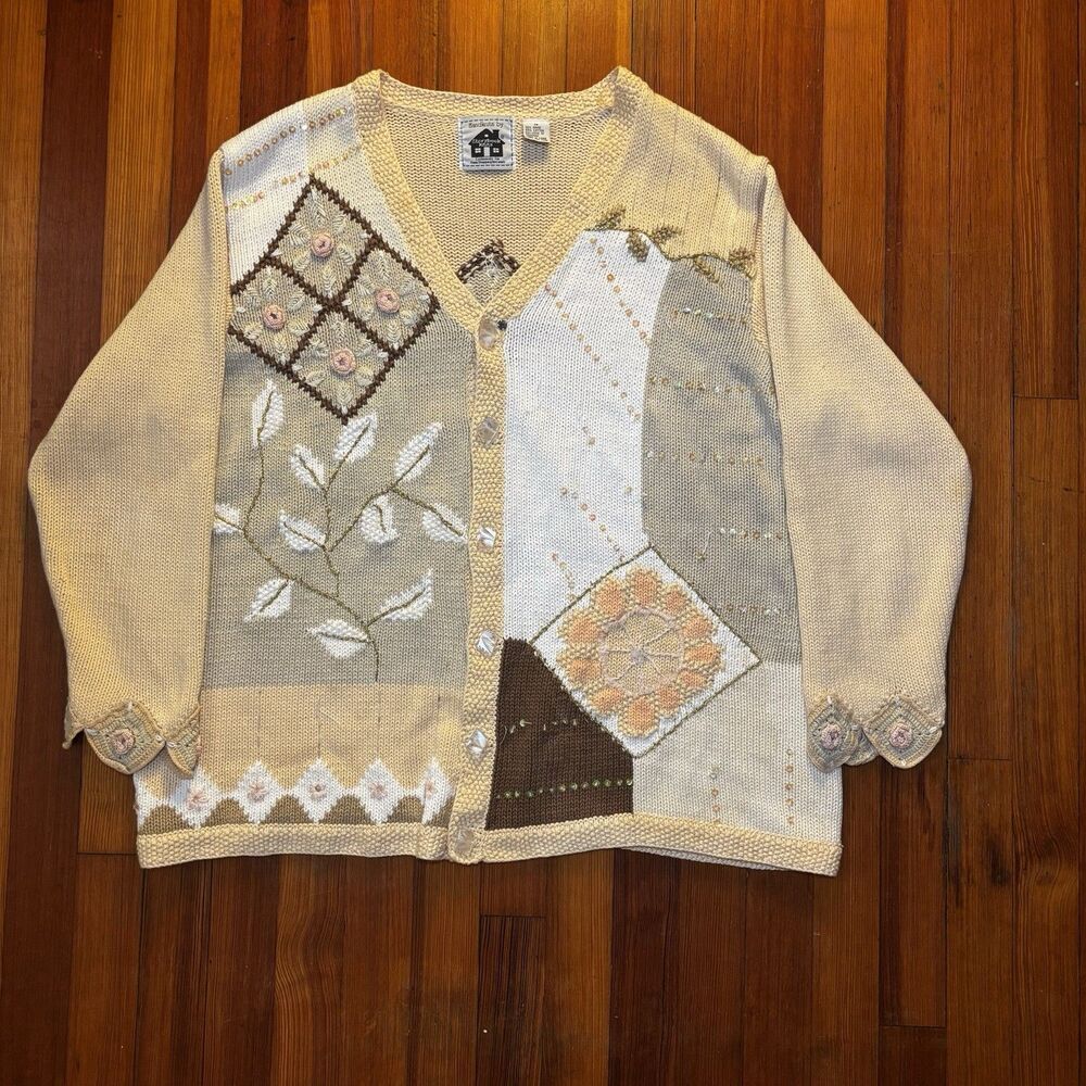 Vintage 90's Storybook Knits 1X Patchwork Rosette Button Down Cardigan